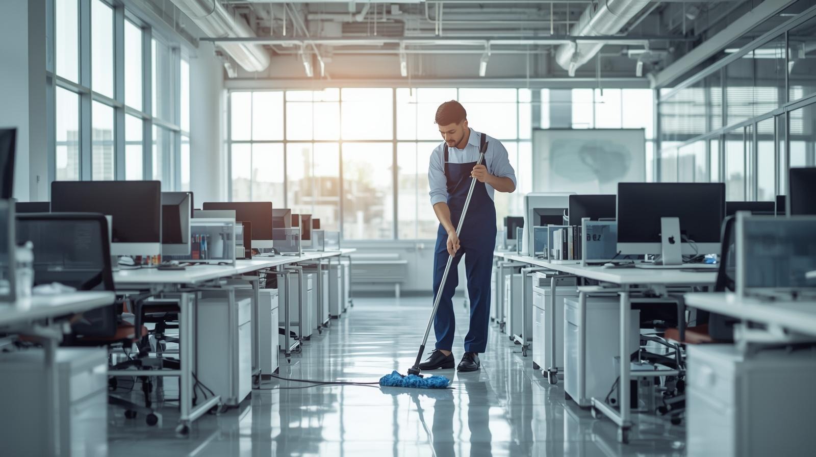 Create a professional photo of a modern office being cleaned, professional cleaner in uniform, bright clean workspace, desks and computers in background, natural lighting, realistic style, business atmosphe